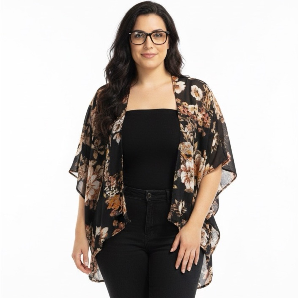 Xhilaration Black Sheer Orange Maroon Fall Open Front Kimono Floral XL/XXL